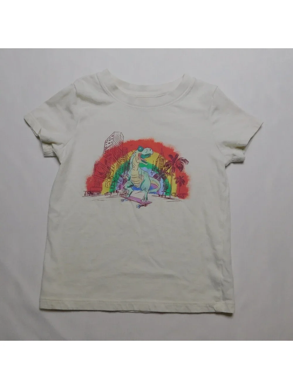 Cat & Jack Boys T Shirt 3T Cream Skateboard Dinosaur Rainbow City Graphic Tee